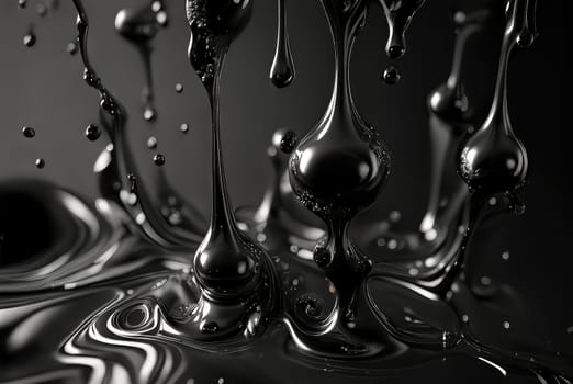 Black oil liquid - drops and splashes, abstract background. Generative AI design