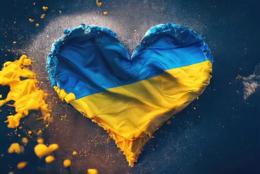 Blue - yellow flag of Ukraine in shape of heart on dark background, watercolor or acrylic drawing. Generative AI design