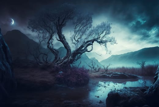Mysterious gloomy night landscape with tree. Generative AI drawing