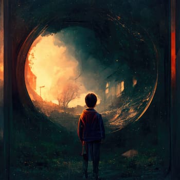 A child looking at destruction and war. Generative AI drawing