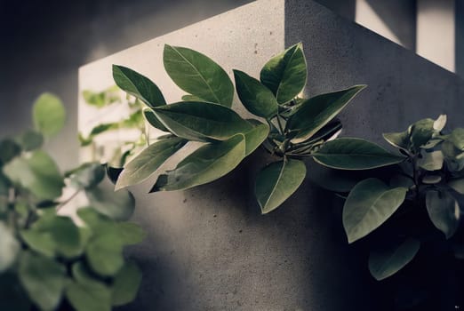 Gray concrete rough abstract background with green leaves and branches. Generative AI design