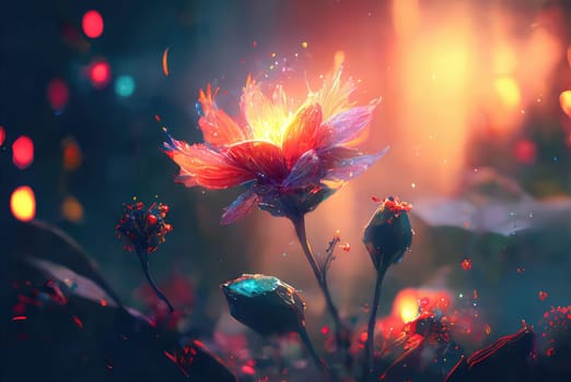 Neon glowing magical flower. Generative AI drawing