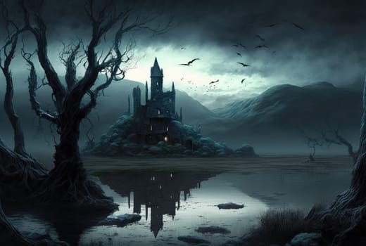 Fantasy gloomy night landscape with castle. Generative AI drawing