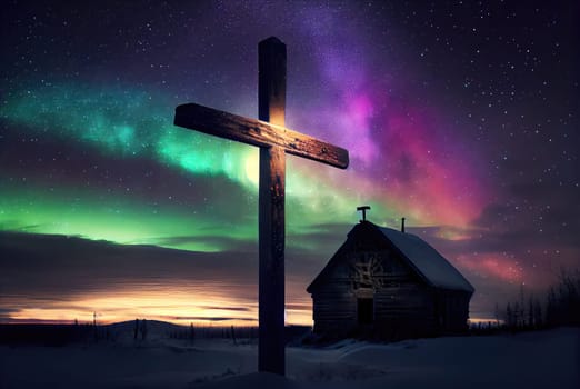 Wooden cross on the background of the Northern lights. Generative AI drawing