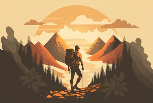 Man with tourist backpack and mountains abstract flat background. Generative AI design