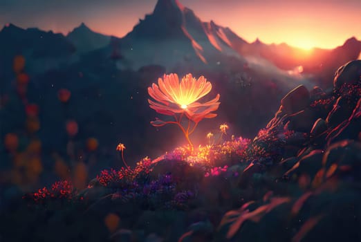 Neon glowing magical flower. Generative AI drawing