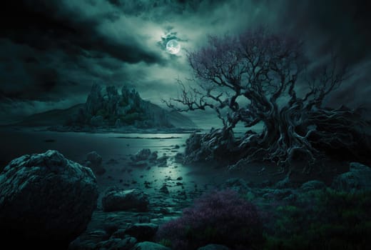 Mysterious gloomy night landscape. Generative AI drawing