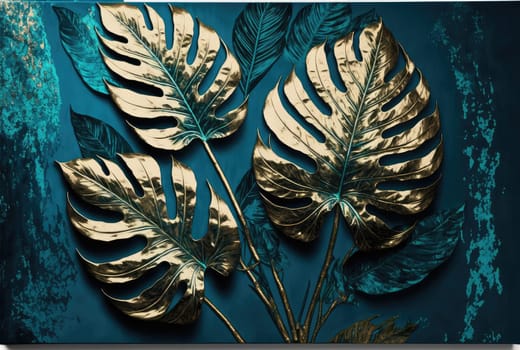 Monstera leaves floral golden blue grunge background. Generative AI design