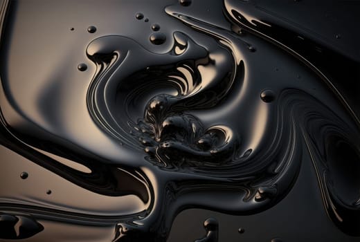 Liquid oil black wave with splashes, abstract background. Generative AI design