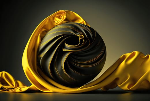 Yellow smooth silk and sphere with liquid pattern backgroud. Generative AI design