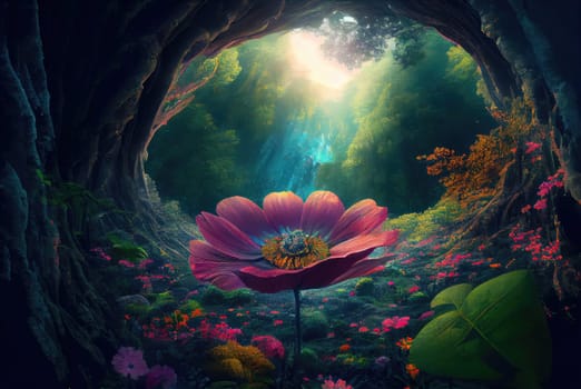 Fantasy forest landscape with big flower. Generative AI design