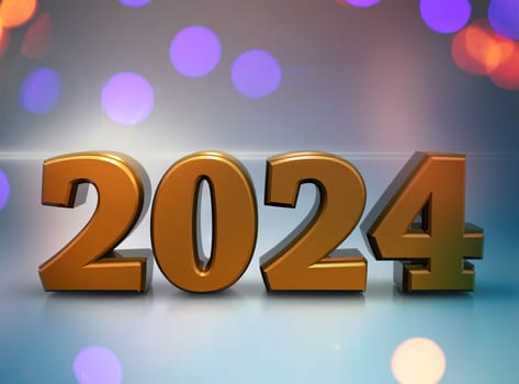 Golden steel number 2024 with reflections and blurred lights, 3d rendering