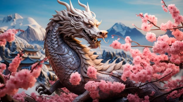 Traditional chinese dragon on the beautiful landscape with mountains and blooming sakura trees. Concept for Happy chinese new year 2024, the dragon zodiac sign. New Year of the Dragon 2024. AI generated