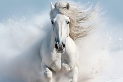 White horse gallops in an abstract white snowdrift with a white fog. White horse with long mane galloping across winter snowy field. AI generated.