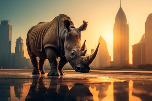 Lonely rhinoceros standing on the empty city square floor with a skyline scenery of glass skyscrapers. A rhino is standing in the middle of a city with tall buildings. AI generated