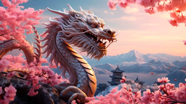Traditional chinese dragon on the beautiful landscape with mountains and blooming sakura trees. Concept for Happy chinese new year 2024, the dragon zodiac sign. New Year of the Dragon 2024. AI generated