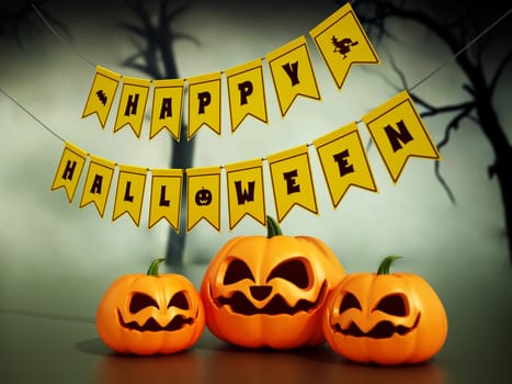 Happy Halloween flags and pumpkins against spooky forest background. 3D illustration.