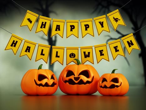 Happy Halloween flags and pumpkins against spooky forest background. 3D illustration.