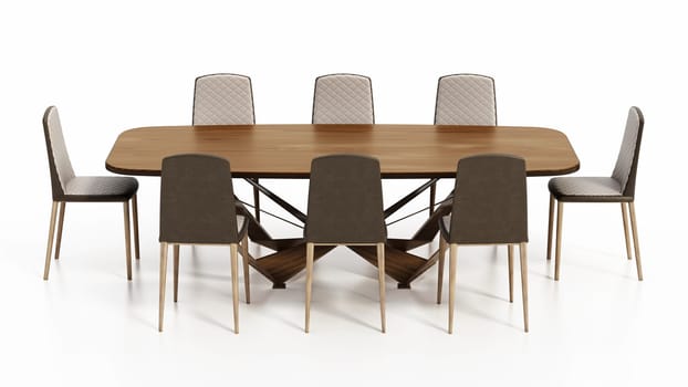 Dining table and chairs isolated on white background. 3D illustration.