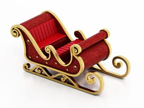 Santa sleigh decorated with golden ornaments and red velvet isolated on white background. 3D illustration.