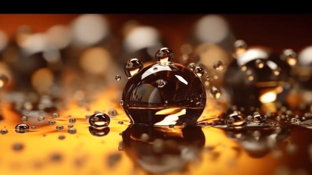 golden background with liquid glass and drops. bubbles and splash drops. Generative AI