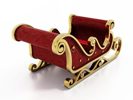 Santa sleigh decorated with golden ornaments and red velvet isolated on white background. 3D illustration.
