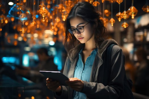 young woman in a magical dreamland using a book. imagination and fantasies. Generative AI
