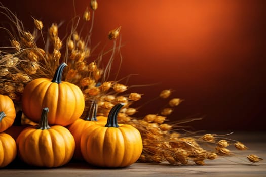 Autumn holiday composition with pumpkins, nuts and dry leaves on orange paper background. Generative AI