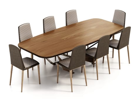 Dining table and chairs isolated on white background. 3D illustration.