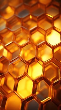 Honey in honeycombs close-up.golden symmetry honeycomb pattern, illuminated with soft light.Abstract background. Generative AI