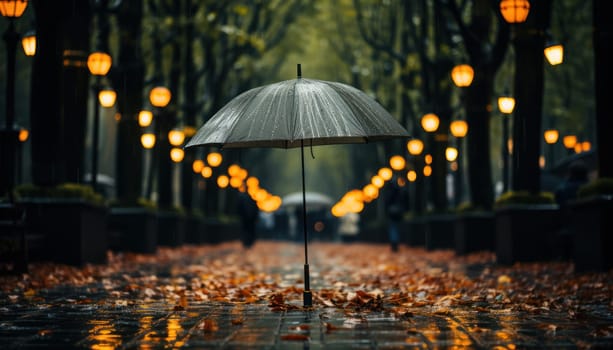 a lonely umbrella stands on an autumn alley with fallen yellow leaves and turned on lanterns.Generative AI