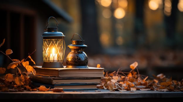 a stack of old books on a rustic wooden table surrounded by autumn leaves and a burning candle. The perfect look for cozy autumn evenings.Generative AI