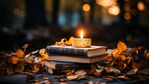 a stack of old books on a rustic wooden table surrounded by autumn leaves and a burning candle. The perfect look for cozy autumn evenings.Generative AI