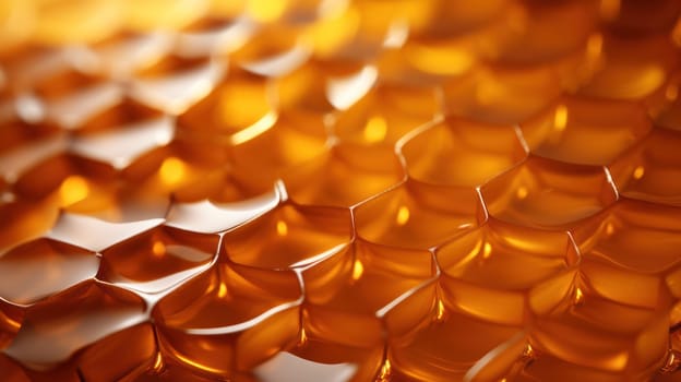 Honey in honeycombs close-up.golden symmetry honeycomb pattern, illuminated with soft light.Abstract background. Generative AI