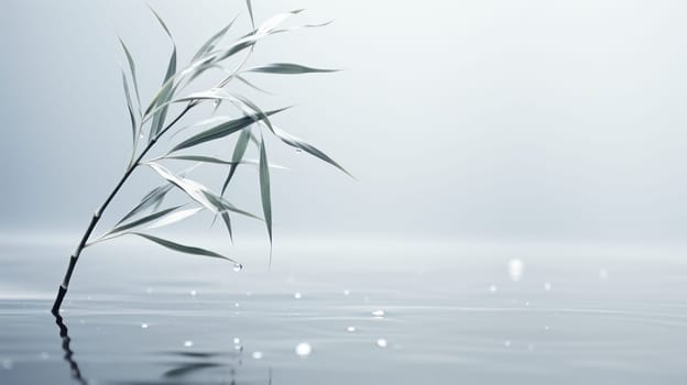 Lonely bamboo stalk with dew drops on a blurred foggy background .calm and peaceful. Generative AI