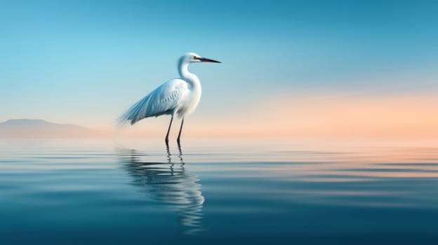 A white heron stands on shallow azure water. wildlife background in soft morning light. tranquility and tranquility. Generative AI
