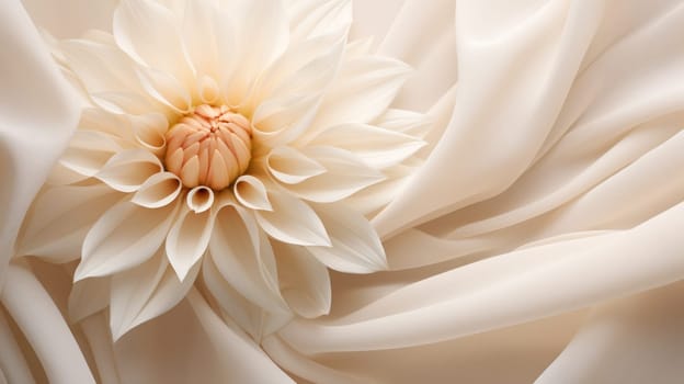 the velvety detail of a dahlia flower rests on a textured lightweight fabric.Generative AI