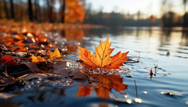 Autumn leaves drifting down against the blue sky. Autumn colors, sharp and clear focus on one leaf. Generative AI