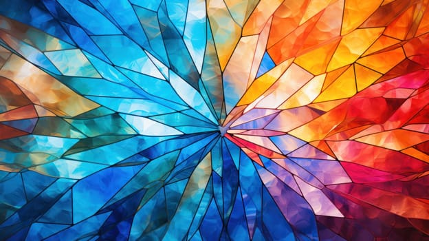 Interior photography, background with stained glass pattern. A stained glass pattern, a kaleidoscope of colors dancing under diffused light.Generative AI