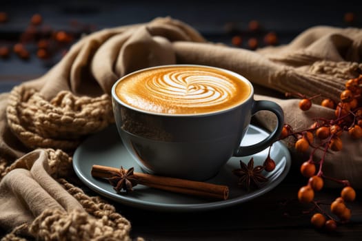 a cup of cappuccino with cinnamon on the table on autumn background. Generative AI