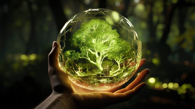 A hand holding a green glowing tree, like a magical soul of the forest. caring for the environment, saving the planet.Generative AI