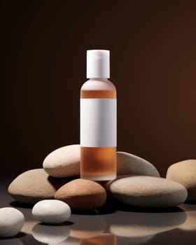 glass cosmetic bottle mockup on stones. luxury product presentation .Generative AI