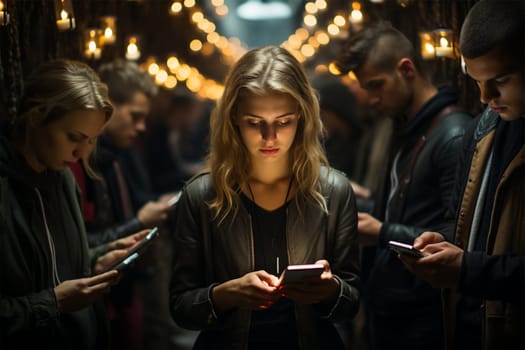 teenagers engrossed in their mobile phones and browsing the Internet and not noticing anything around them. Concept of addiction to online games, web surfing and internet addiction .Generative AI