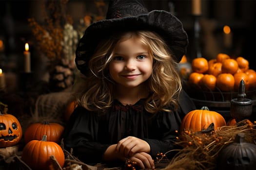 little witch in a costume and hat with pumpkins at night for Halloween, children's Halloween, dark background.Generative AI