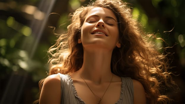 portrait of a woman practicing meditation in the forest to achieve happiness from inner peace, wisdom, tranquility with a ray of sunshine for a healthy mind and well-being of the soul.Generative AI