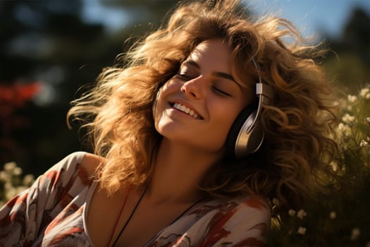 cheerful young woman listening to music on headphones in nature. warm atmosphere. Generative AI