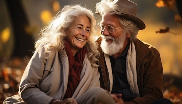 Portrait of a beautiful smiling elderly couple relaxing in the park .Generative AI