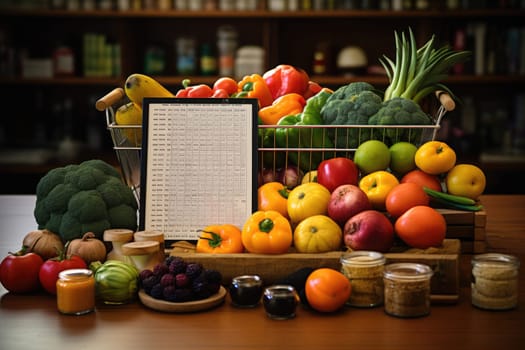 Healthy foods, fruits and vegetables with a blank white notepad for writing. Healthy food choices for the heart, healthy lifestyle concept.Generative AI