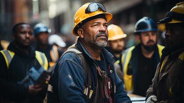 portraits of workers in hard hats against the background of a blurred image of a city street.Generative AI