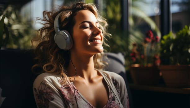 Calm young Caucasian woman listening to music on wireless headphones, relaxing at home. Beautiful millennial woman relaxing with closed eyes and enjoying audiobook or music.Generative AI